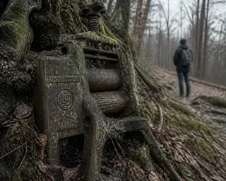 fragment of old iron machine overgrown with moss and roots in a quiet winter forest, lone figure observing from the background