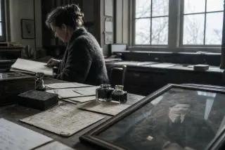 Historical desk with old letters and portrait, a woman reading at a window-lit archival room, soft winter light.