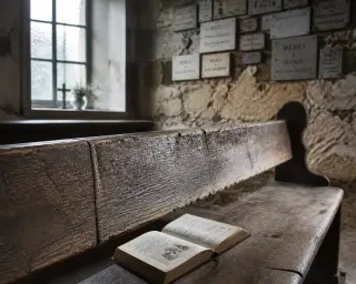 Old wooden pew with an open prayer book in a small chapel, stone wall with ex-voto plaques and soft winter light through a frosted window.