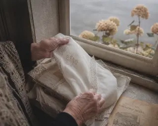 Elderly woman's hands unfolding embroidered linen on an old stone windowsill with misty garden outside
