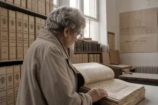 Elderly woman in a winter coat examines old council minutes in a softly lit municipal archive, surrounded by shelves of documents and a pinned blueprint.