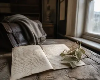 Handwritten vintage letter with linden leaves on old table, soft natural light, archival reading room in background, contemplative mood