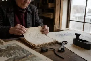 Hands of an elderly woman carefully leaf through an old handwritten letter in a softly lit archive, with scattered historical documents and tools under gentle winter daylight.