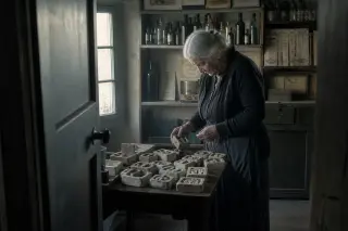 Elderly woman examining old soap moulds in a dim archive room, soft morning light highlighting shelves of vintage glass bottles and ledgers.