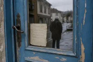 Old wooden door with faded blue paint, rain-streaked glass pane, and a blurred reflection of an elderly person in a quiet street, evoking a mood of waiting and transition.