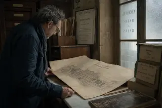 Solitary researcher studying old blueprints in a softly lit historical archives room with marble and wood details