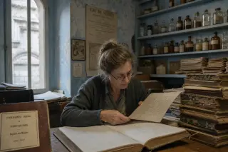 Archive room in soft daylight, elderly archivist examining old medical records among shelves and bottles, mood contemplative and muted.