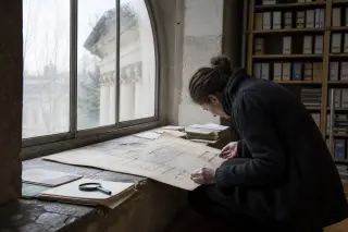 Archive room with a lone researcher examining old architectural plans by a stone window, winter daylight softly illuminating scattered vintage documents, Belle Époque columns faintly visible outside.
