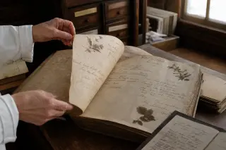 Hands of an elderly person flipping through a fragile, handwritten guestbook in a softly lit wooden archive room, with pressed flowers and gentle morning light.