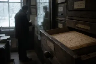 Archive drawer slightly open in a dim communal archive, winter light, hint of a person reflected, emphasizing memory and transition