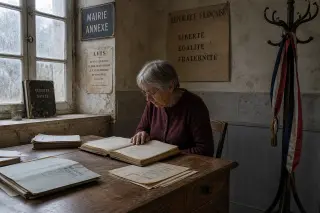 Elderly woman alone in an old mairie annexe, reading a register in soft winter light with worn municipal decor.
