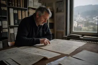 Historian quietly examines old village maps in a softly lit rural archive room, surrounded by shelves of municipal records.