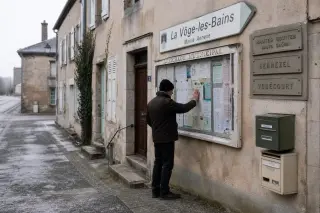 A lone person studies a noticeboard outside an old village town hall annex on a quiet, empty street with faded building signs and soft winter light.