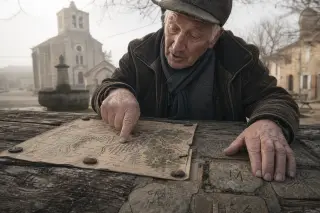 Elderly villager's hand pointing to a weathered map on a wooden table with grès stones, in a quiet square with blurred church and trees in wintry light.
