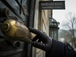 A gloved hand touches the patinated brass handle of an old spa door, with blurred ornate façade details in soft winter light.