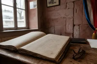 Old archival register open on a wooden desk with reading glasses, soft winter light on pink sandstone wall in a municipal office