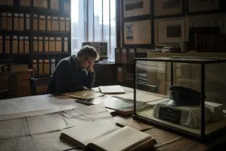 Researcher absorbed in old railway documents at an archive table, surrounded by historical papers, with soft natural light and a tranquil, introspective atmosphere