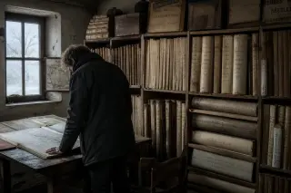 Person quietly studying old ledgers in a wintry archive, surrounded by shelves of historic documents and maps, soft natural light, contemplative mood.