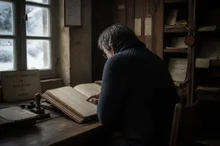 A person reads an old registry book in a softly lit archive room with wooden shelves and scattered historical documents, evoking a contemplative, timeless mood.