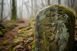 Moss-covered medieval stone marker with faded engravings in a misty forest, subtle abandoned path in background, soft winter light.
