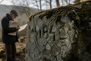 Moss-covered stone wall with an old boundary marker, a solitary person examining documents in soft winter light, muted and contemplative atmosphere.