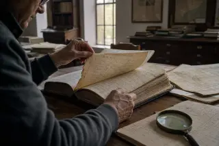 Archival reading room, soft morning light, someone turning a fragile page of an old parish register with maps and documents scattered on a wooden table.