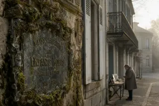 Detail of a mossy engraved plaque on an ornate old façade, with a person quietly examining vintage photos nearby in soft winter light.