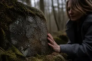 Close-up of an old mossy stone with faded inscription in a forest, solitary woman observing quietly in the background.