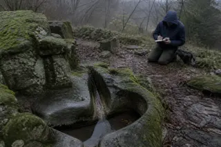 Mossy antique stone basin with faint Roman carvings in a quiet forest, a lone researcher studying it thoughtfully under soft winter light.