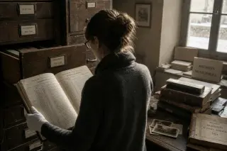 Researcher, back turned, studies old registry by archival desk bathed in soft winter light, with historical documents and photos.